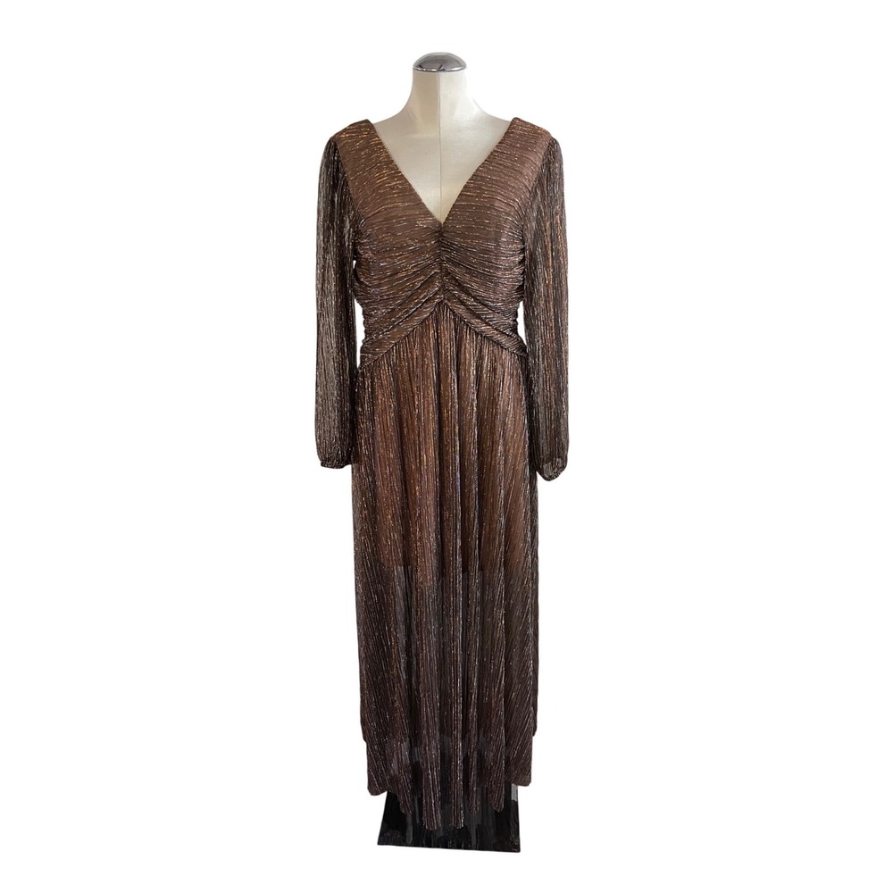 Petal + Pup Jovie Metallic Bronze Plisse Maxi Dress V-Neck Long Sleeve XL